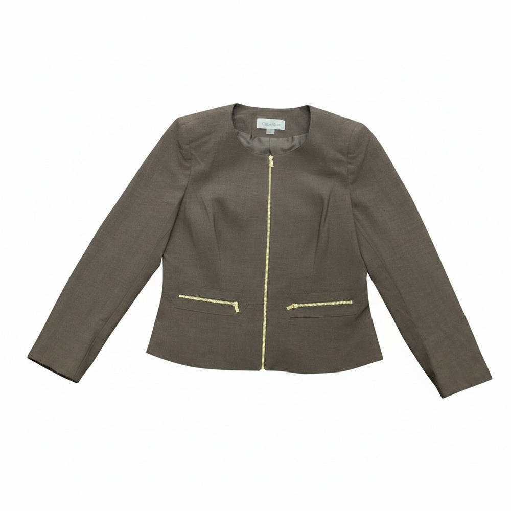Calvin Klein Womens Brown Zip Front Peplum Blazer Jacket Size 12
